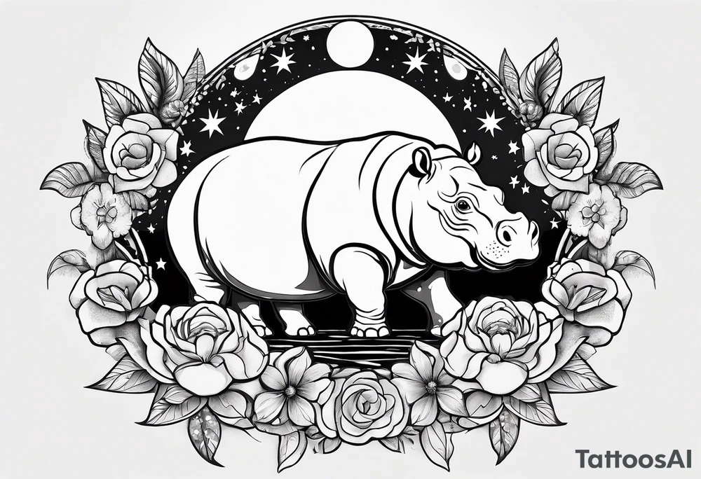 Hippo, flowers, moon, interstella,
Extreme fine lines, tribal, geometric, japanese tattoo idea