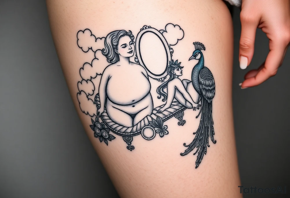 Storm clouds with a fat naked woman and drugs and money  and coinsand mirror and sexy naked couple lustful having sex with pig and peacock tattoo idea
