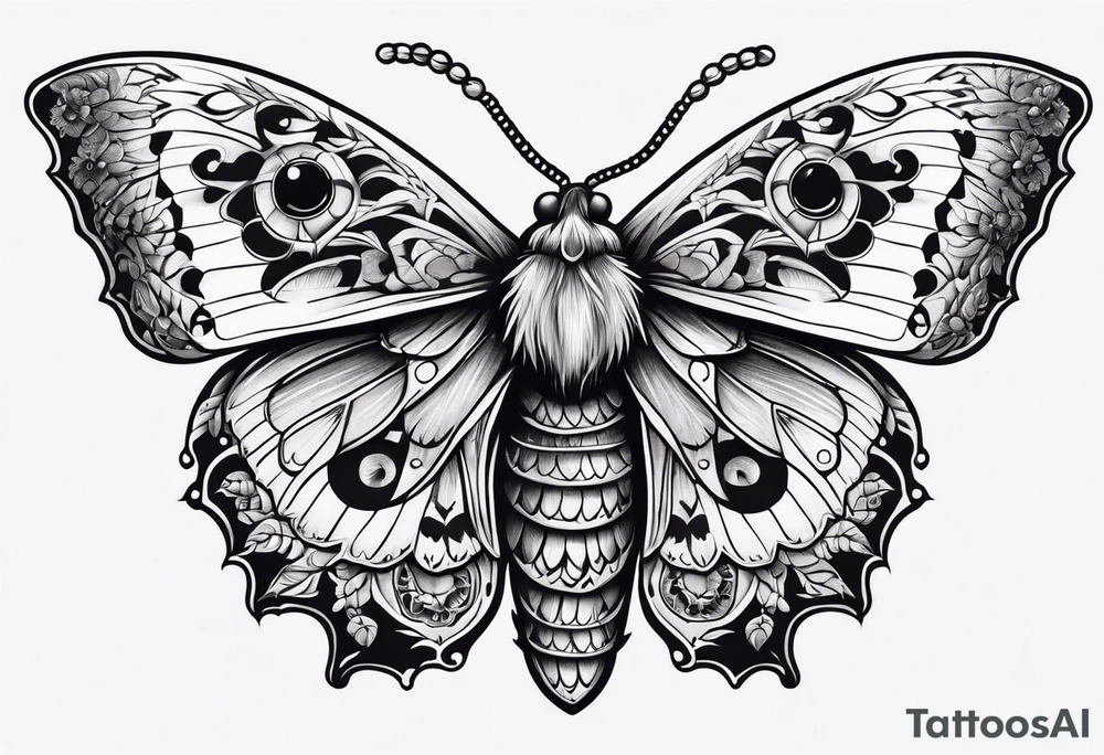 Death moth traditional with vertical design for shin tattoo idea