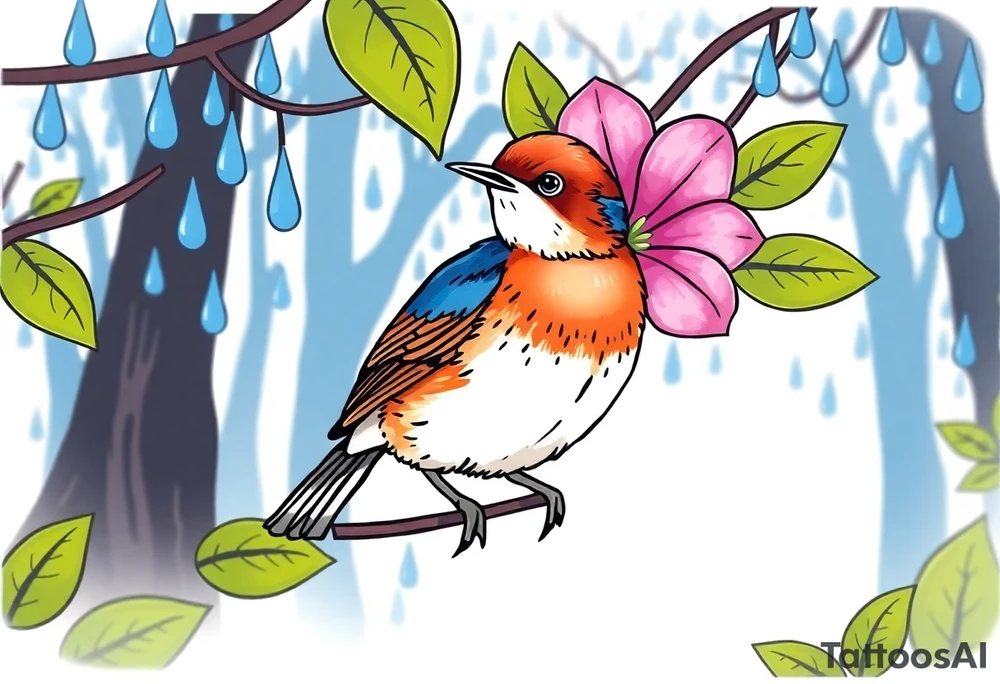 forest background
blue rain drops
pink camelia flower
blue and brown wren bird tattoo idea