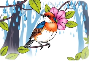 forest background
blue rain drops
pink camelia flower
blue and brown wren bird tattoo idea
