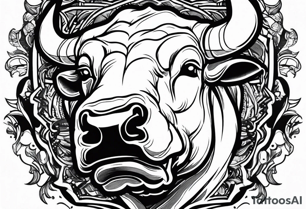 raging bull head busting through crowd tattoo idea