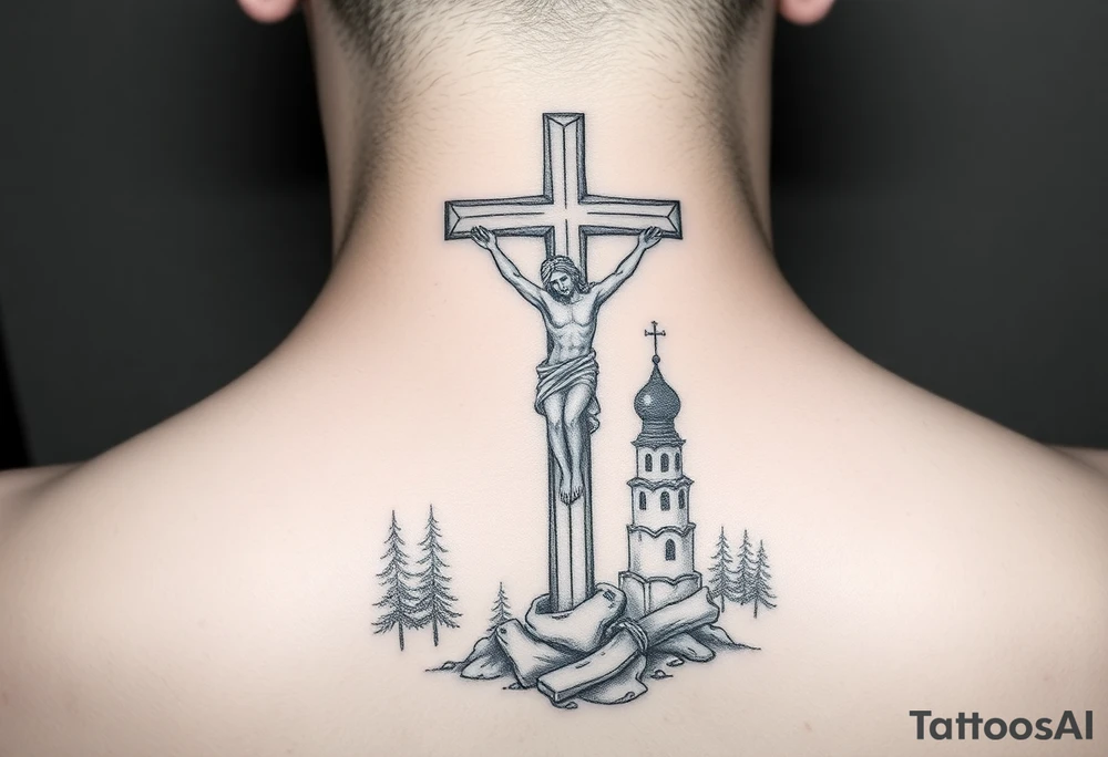 Traditional orthodox ICXC Christian cross with Jesus Christ on the cross also with the foot rest part of the cross in a Russian wilderness Kremlin setting tattoo idea