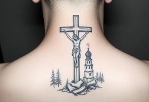 Traditional orthodox ICXC Christian cross with Jesus Christ on the cross also with the foot rest part of the cross in a Russian wilderness Kremlin setting tattoo idea