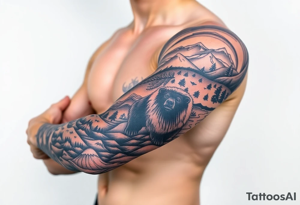 A full-sleeve with the Härjedalen landscape, reindeer, bear, lakes, tattoo idea