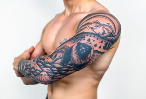 A full-sleeve with the Härjedalen landscape, reindeer, bear, lakes, tattoo idea