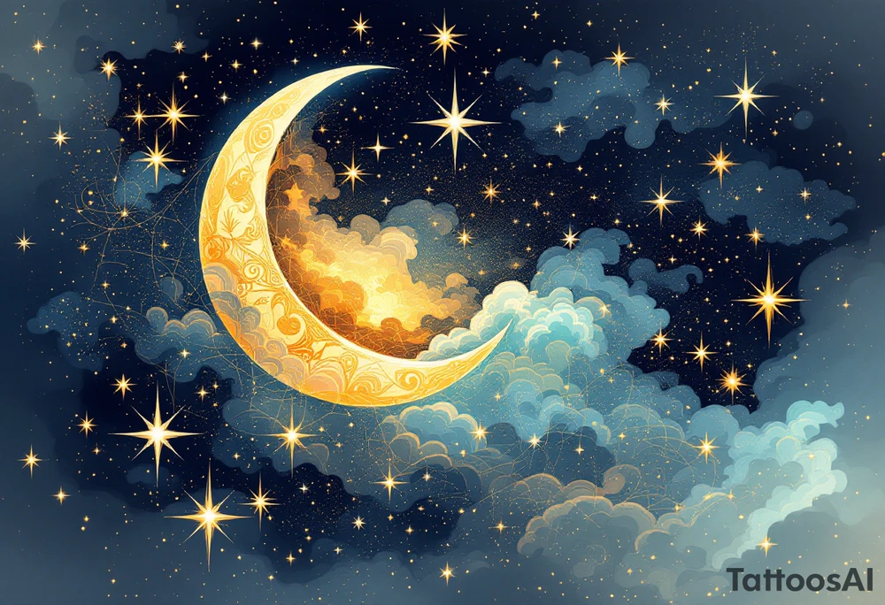 Moon and stars in sky tattoo idea