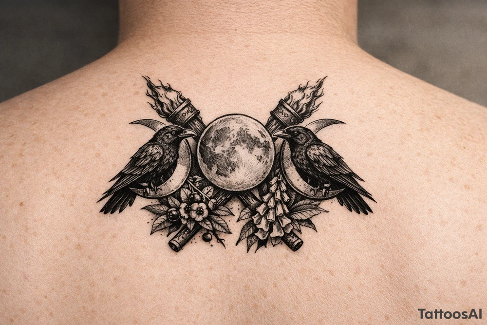 Triple moon with ravens on crescents, crossing torches behind, foxglove, belladonna. tattoo idea