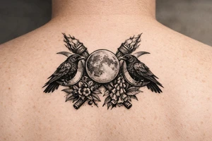 Triple moon with ravens on crescents, crossing torches behind, foxglove, belladonna. tattoo idea
