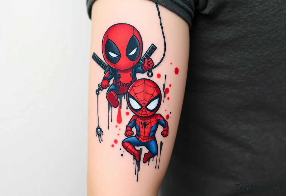 Project: Upper Arm Half-Sleeve Tattoo (Chibi Marvel Duo)
Placement: Upper Arm (Shoulder cap down to just above the elbow)
Reference Images: Chibi Deadpool (Image 1) and Chibi Spider-Man (Image 2)
Design Request & Layout:
* Please stack the characters dynamically to fit my upper arm. I'd like Deadpool positioned near the top/shoulder cap, and Spider-Man sitting near the bottom/above the elbow.
* Use the dangling spider and its web thread, along with loose, energetic construction lines, to transition between the two characters and wrap the design around the arm.
Art & Color Style:
* Linework: Please harmonize both characters into a singular, unified style—blending Deadpool's clean comic ink lines with Spider-Man's raw, cross-hatched sketchbook aesthetic.
* Color: The base of the tattoo should be gritty black-and-grey sketch shading. However, I want vibrant pops of red on their suits.
* The Splatter Effect: Instead of keeping the red cleanly inside the lines, please style the red color as a loose, dynamic watercolor/ink splatter effect that bursts out past their outlines and fades into the negative skin space. tattoo idea