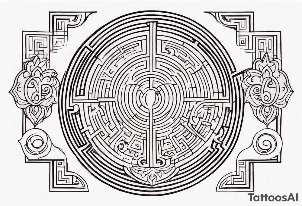 Labyrinth with symbols of bells and masquerade tattoo idea