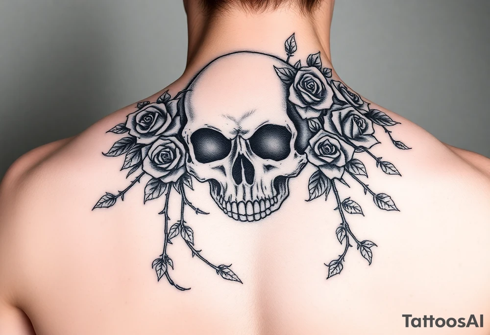 gothic skull intertwined with climbing roses and thorny vines tattoo idea