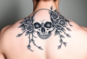 gothic skull intertwined with climbing roses and thorny vines tattoo idea