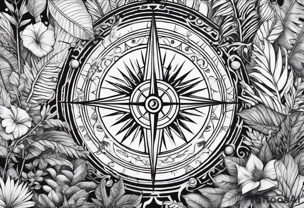 arm sleeve tattoo with Viking compass and all-seeing eye surrounded by jungle plants tattoo idea