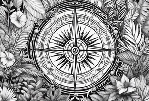 arm sleeve tattoo with Viking compass and all-seeing eye surrounded by jungle plants tattoo idea