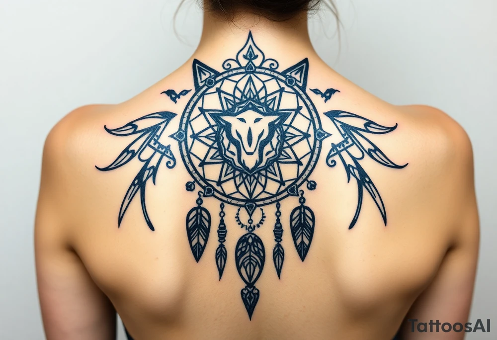 Dreamcatcher with zodiac symbols and protection runes caught in it with wolf teal tattoo idea