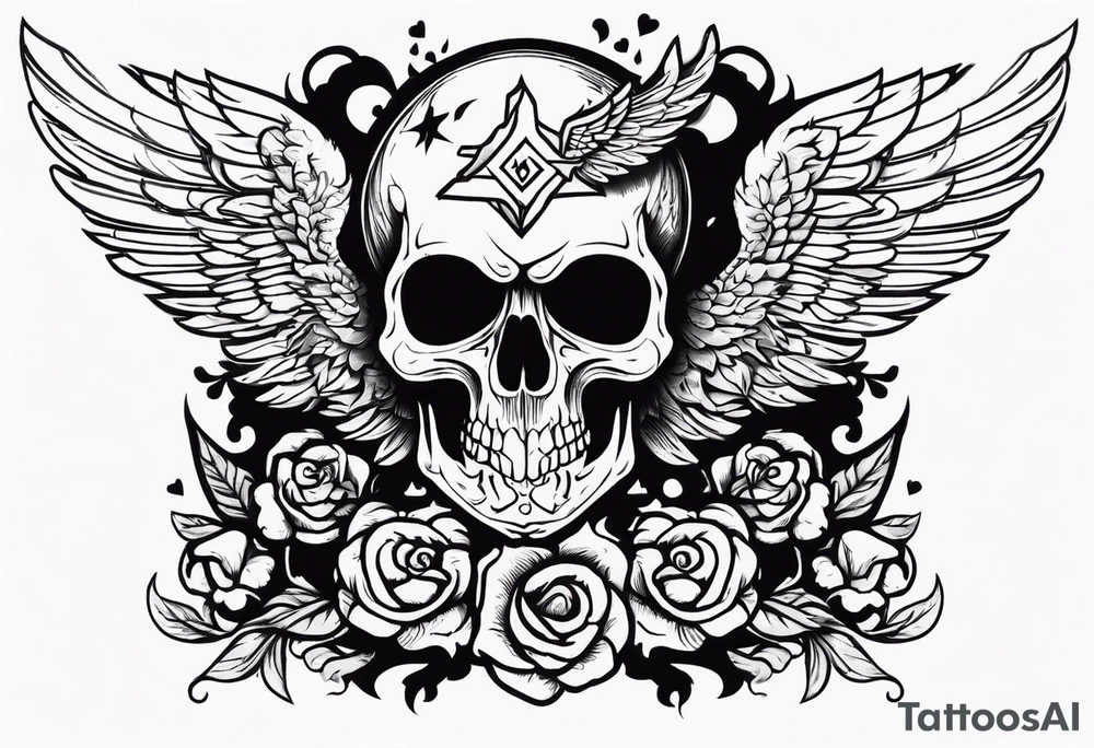 skull with a gun dominated by a  heart with wings and  flames coming out of the top of it tattoo idea