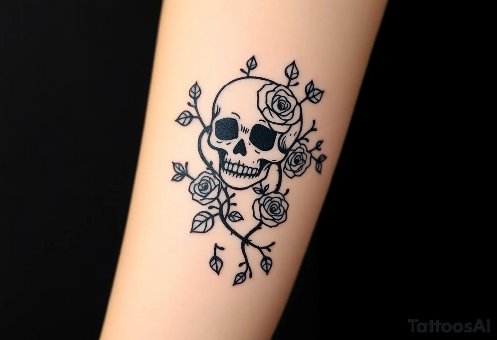 gothic skull intertwined with climbing roses and thorny vines tattoo idea