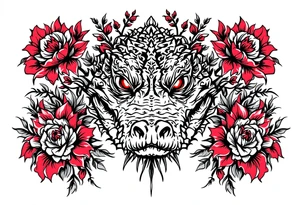 powerful and complete gator with red eyes, surrounded by red floral ornaments tattoo idea