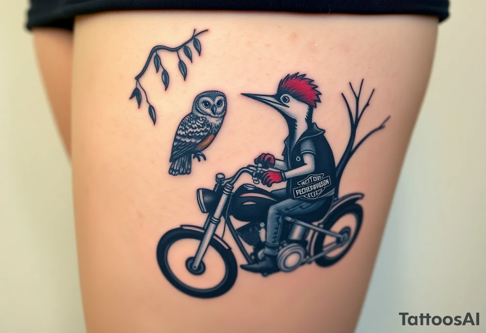 Woody the woodpecker wearing a leather vest that says peckerwoods, on a Harley Davidson under a willow tree, gazing in love at a barn owl tattoo idea