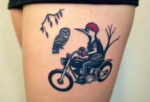 Woody the woodpecker wearing a leather vest that says peckerwoods, on a Harley Davidson under a willow tree, gazing in love at a barn owl tattoo idea