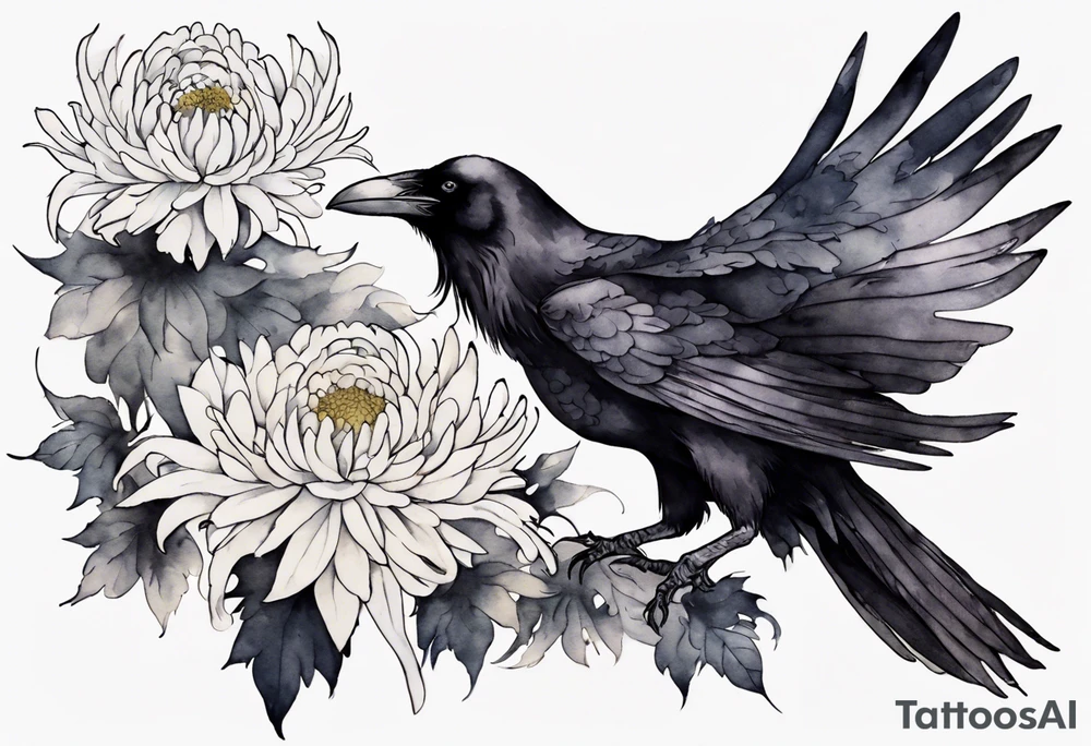 a raven wearing a white chrysanthemum tattoo idea