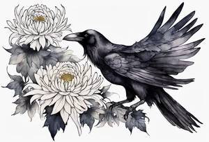 a raven wearing a white chrysanthemum tattoo idea