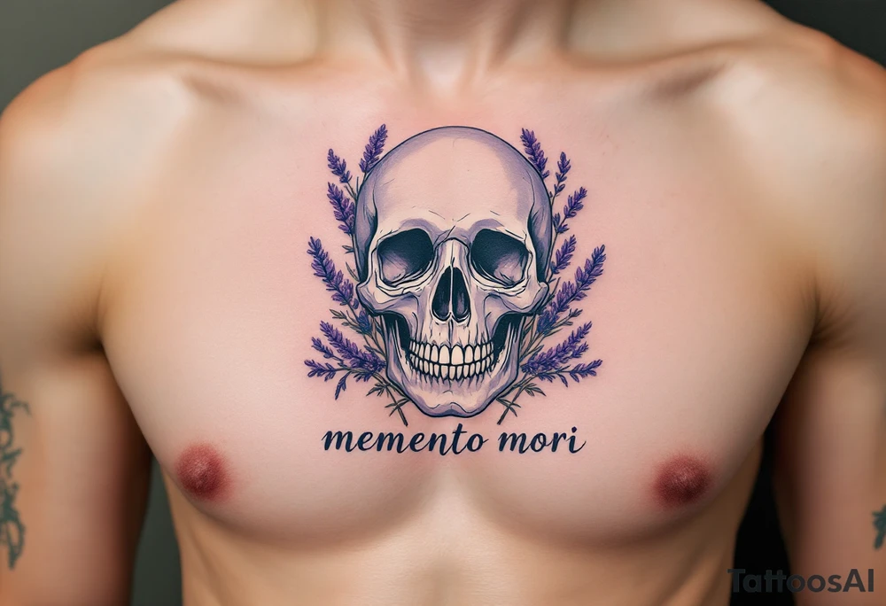 A pale skull surrounded by dried lavender and "memento mori" delicately scripted in soft gray beneath it tattoo idea