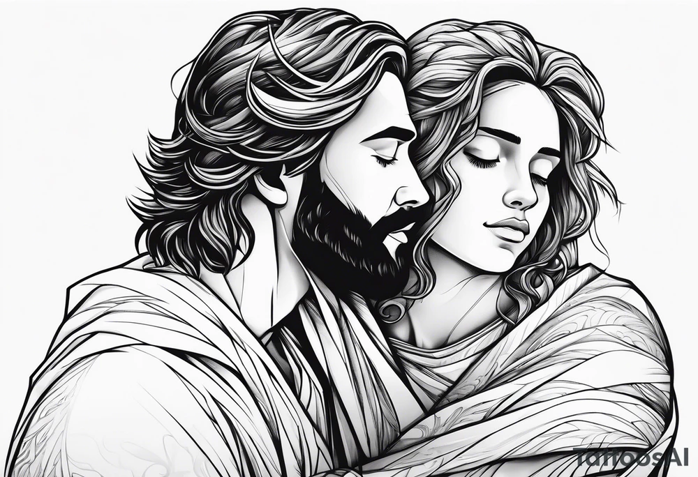 A boy laying his head on jesus’ shoulder tattoo idea