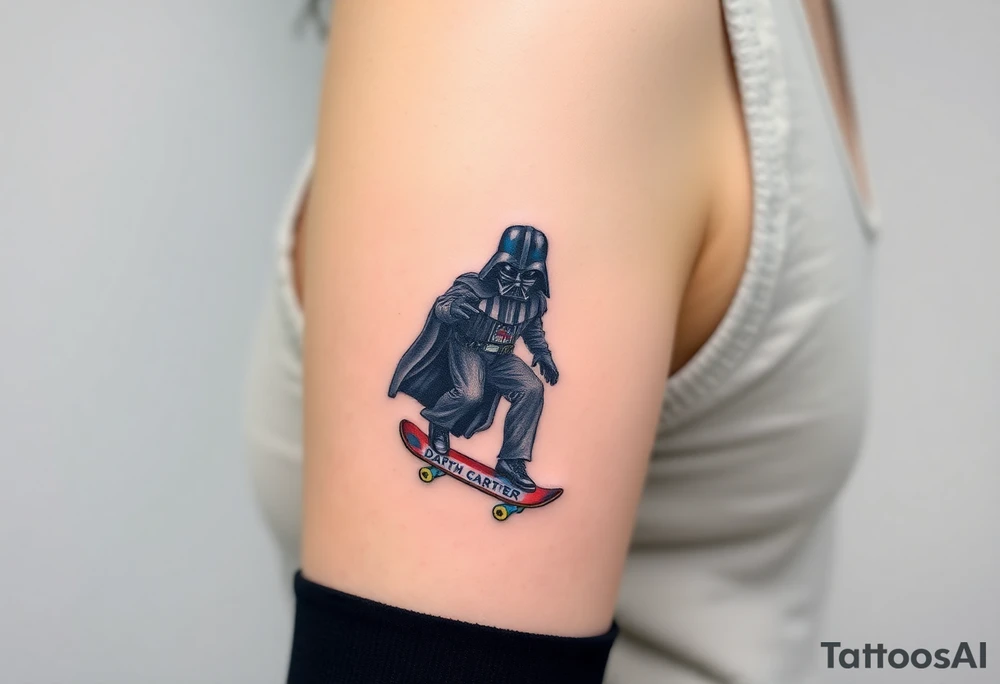 Darth Vader skateboarding >
blue & red
skateboard words "Darth Carter"
MEMORY 12/29/88-01/06/24 tattoo idea