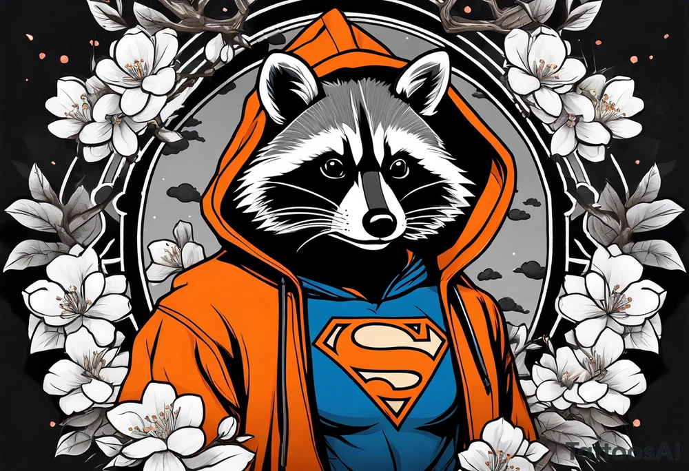 Raccoon wearing a white Superman logo on a black hoodie and orange Japanese cherry blossoms beside tattoo idea