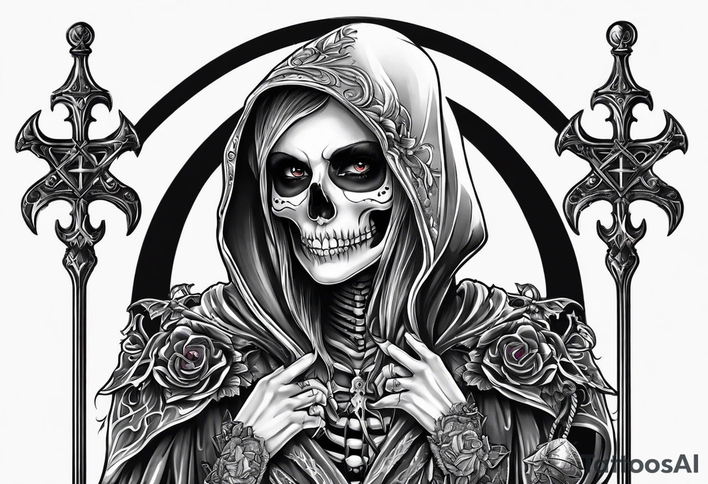 lady skeleton grim reaper devil tattoo idea