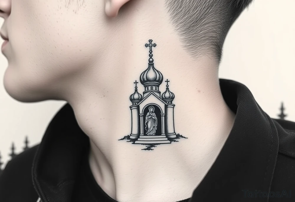 russian design traditional christian orthodox cross with a virgin mary stood beside the entrance of a russian orthodox dome church on the side of the neck in a wilderness setting with the design spread out the side of the neck tattoo idea