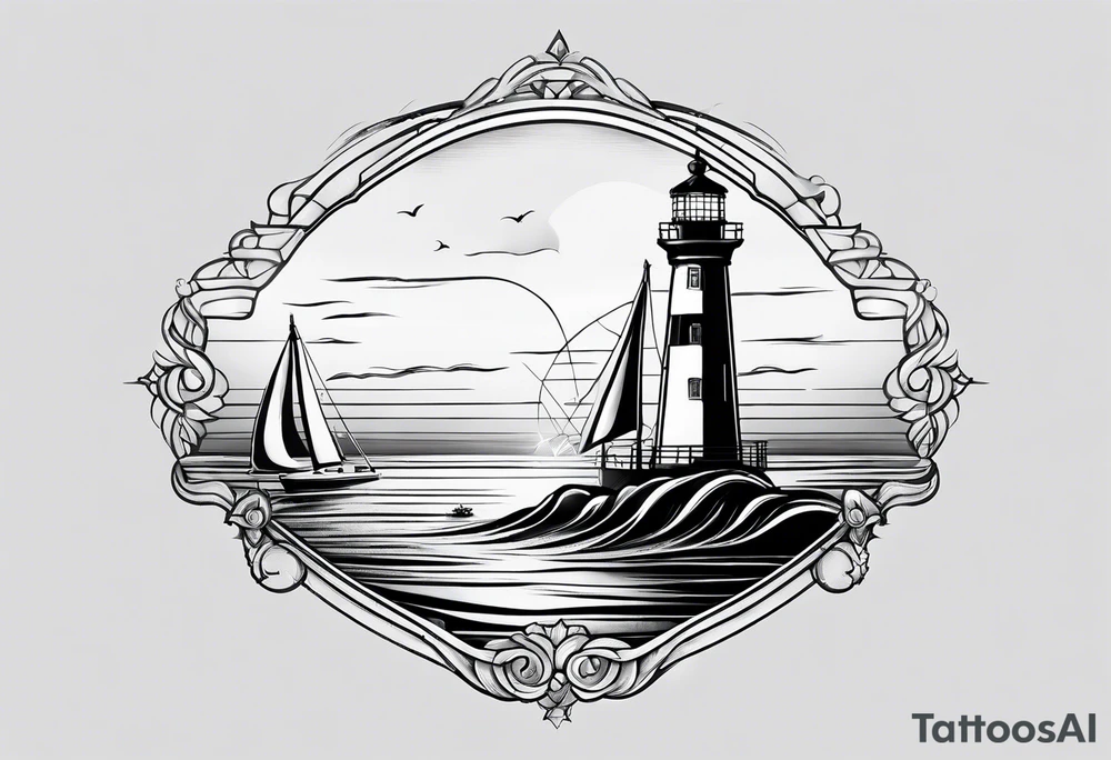 maritime lighthouse in a front view sailboat serving as a mast for a sail. tattoo idea