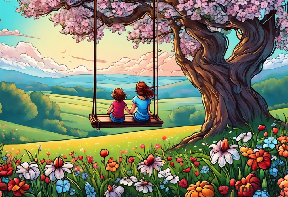Mom with son and daughter on a swing in the distance in a field of flowers tattoo idea