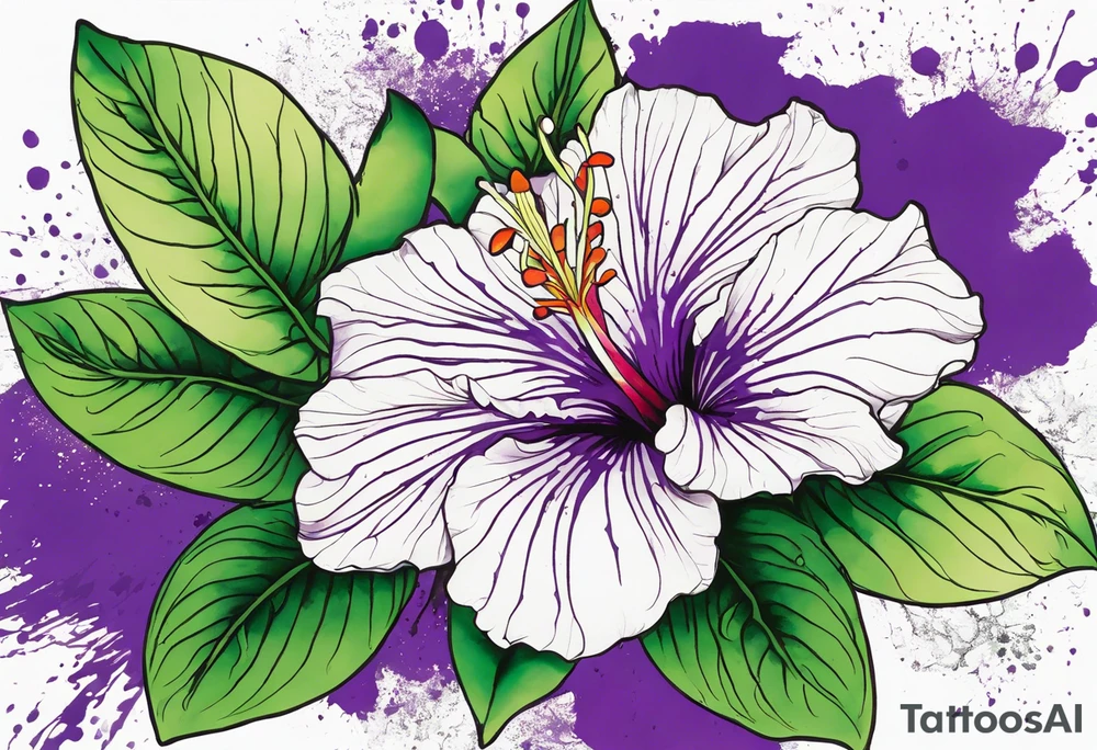 An outline of a green rio dipladenia flower and a purple watercolor splash in the background tattoo idea