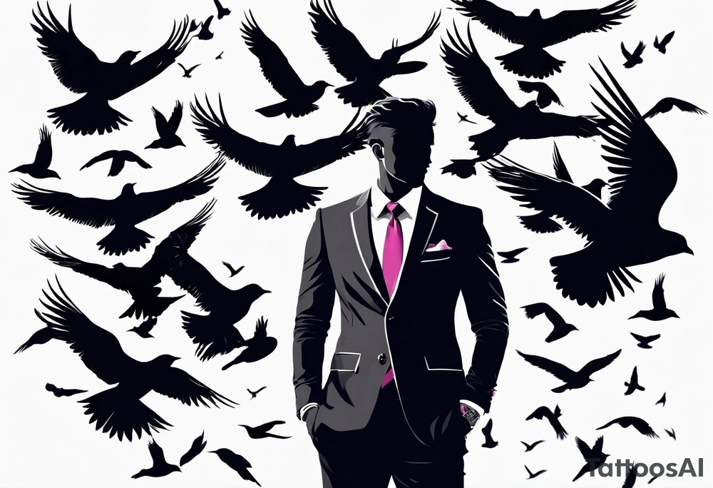 Sleeve tattoo silhouette of a man wearing a suit morphing into a flock of birds tattoo idea
