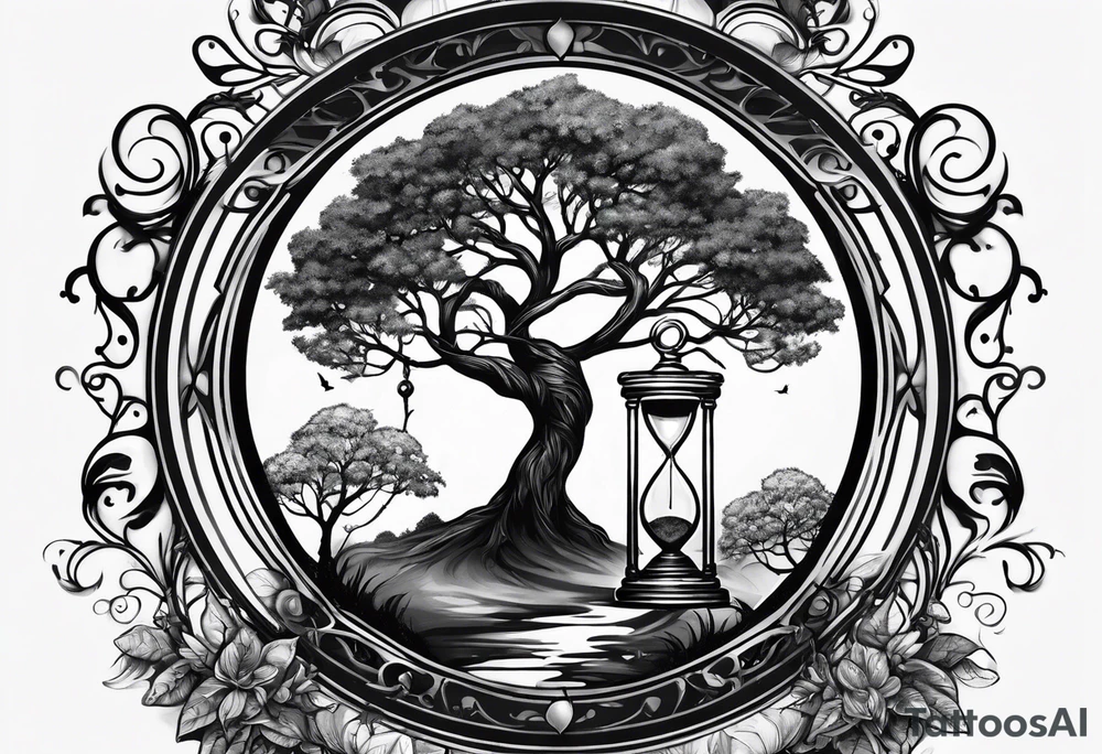 circle of life tree coming out of an hourglass tattoo idea