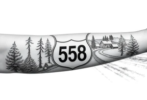 small State Route sign 558, with trees all around and a farm in background, road with a car scenic tattoo idea