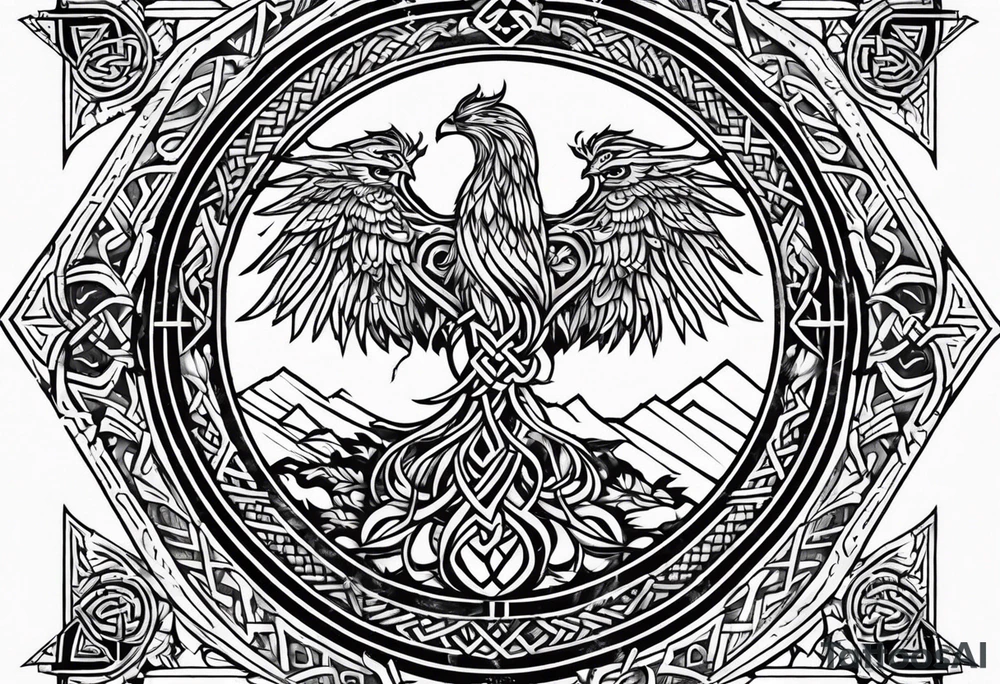 Viking style tattoo throughout. Viking Vegvisir with phoenix wings around it, Viking Valknut, tree of life with roots tattoo idea