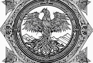 Viking style tattoo throughout. Viking Vegvisir with phoenix wings around it, Viking Valknut, tree of life with roots tattoo idea