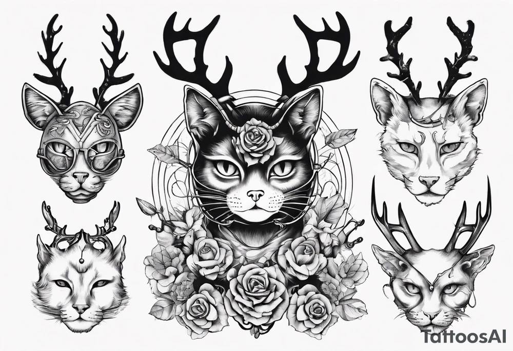 A cat with antlers and wearing a monacle tattoo idea