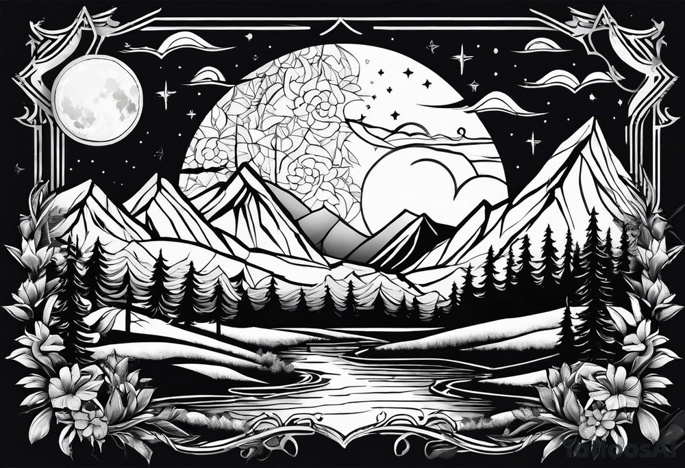 nature with mountains, waterfall, water, and a cross in the background and and moon/sun in the sky with stars tattoo idea
