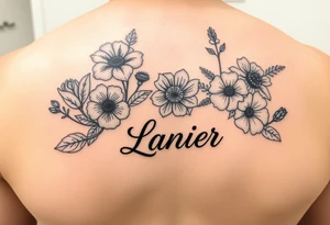 Birth flowers for the month of January February March May, June, July, August, November, and the name Lanier in cursive between the flowers tattoo idea