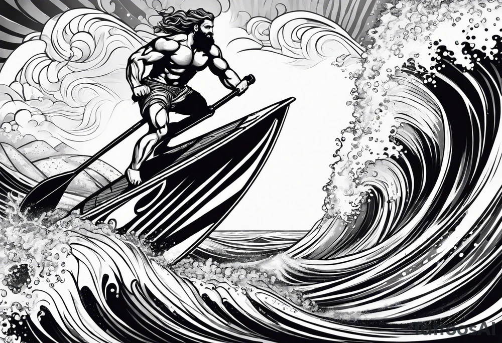 Poseidon im Vordergrund mit Windsurfer und Wellen im Hintergrund tattoo idea