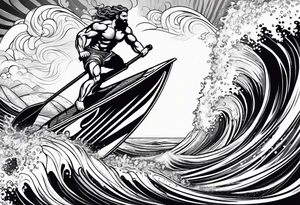 Poseidon im Vordergrund mit Windsurfer und Wellen im Hintergrund tattoo idea