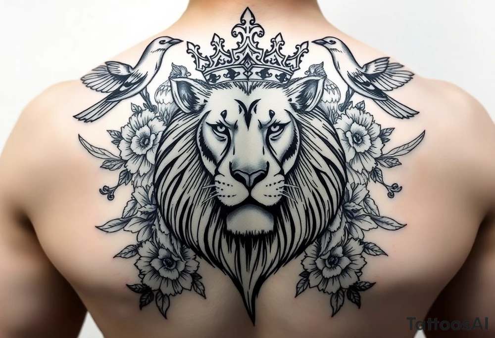 powerful majestic lion with a crown, surrounded by floral ornaments and birds tattoo idea