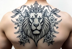 powerful majestic lion with a crown, surrounded by floral ornaments and birds tattoo idea