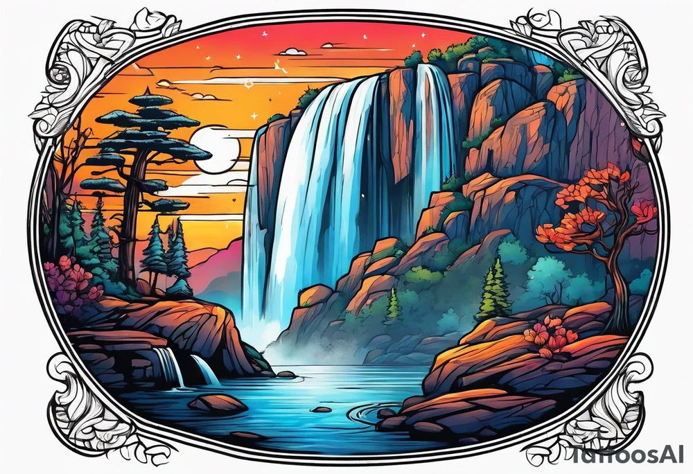 Couple in front of waterfall tattoo idea