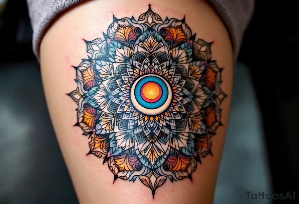 "Mandala of the Goddess" – A complex mandala with soft curves and intricate patterns, symbolizing unity and balance. Within the center, a crescent moon or sun motif, representing femininity and cycles of life. tattoo idea